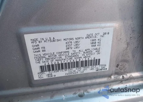 2011 Mitsubishi Galant Es/Se from USA, damaged, VIN 4A32B3FF6BE013810